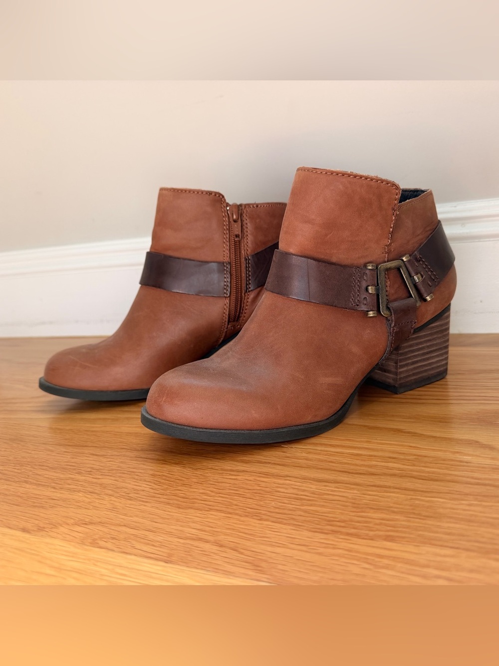 Aldo Chestnut Brown Leather Ankle Booties with Buckle Strap